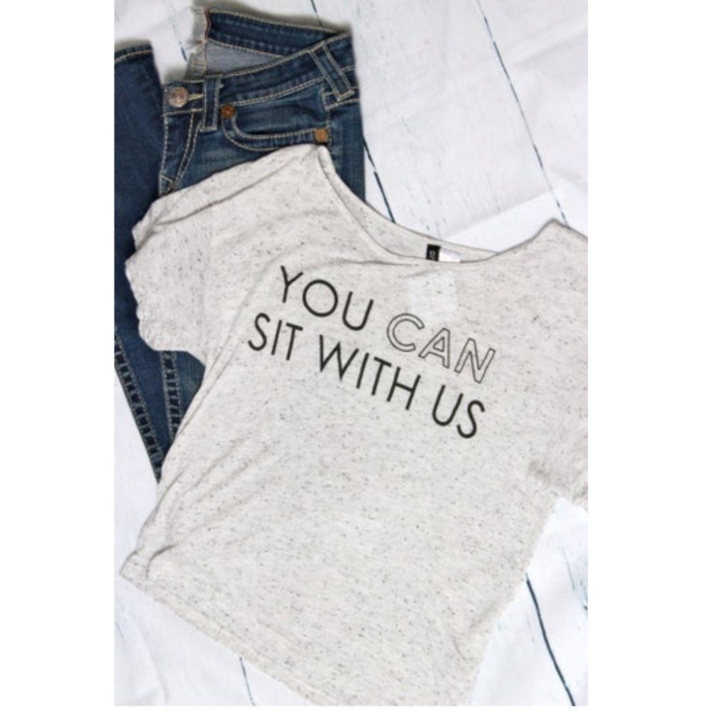NWT You Can Sit With Us Graphic Top Gray Short Sleeve Scoop Neck Basic Simple
